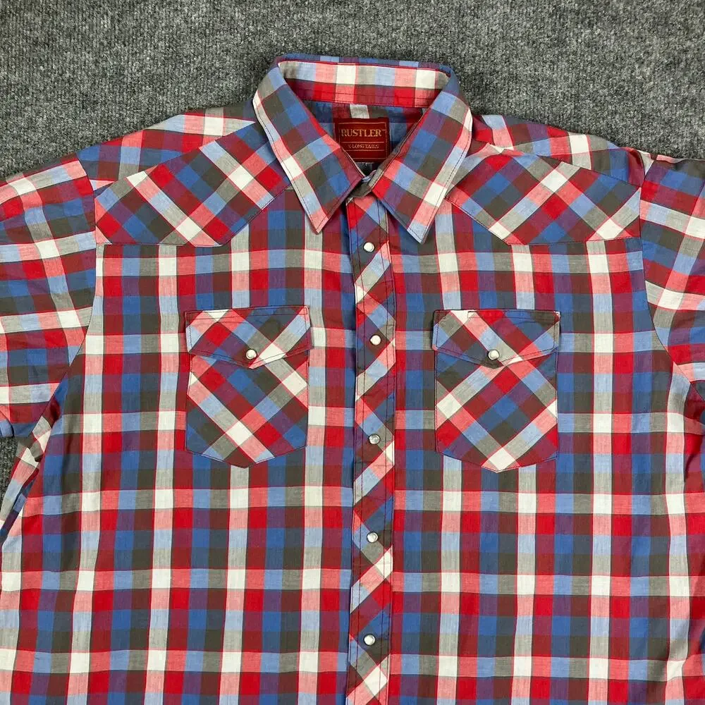 Rustler Western Shirt Mens 2XL Red Blue Plaid Short Sleeve Pearl Snap